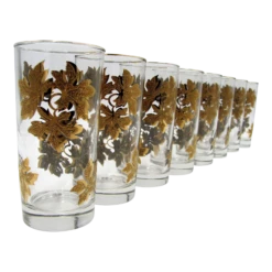 1960 American Textured Gold Leaf Leaves Vine Glass Tumblers - Set Of 8