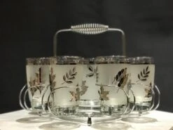 1960s Libbey Starlyte Mid Century Modern Frosted Silver Leaf Tumbler Glasses In Caddy Set- 11 Pieces -Libbey Shop 1960s libbey starlyte mid century modern frosted silver leaf tumbler glasses in caddy set 11 pieces 0178