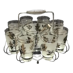 1960s Libbey Starlyte Mid Century Modern Frosted Silver Leaf Tumbler Glasses In Caddy Set- 11 Pieces