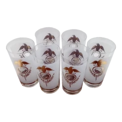 1960s Mid-Century Modern Tall Drink Glasses With Gold Eagle Design- Set Of 6