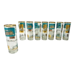 Midcentury 22k Gold Tall Glassware- Set Of 8