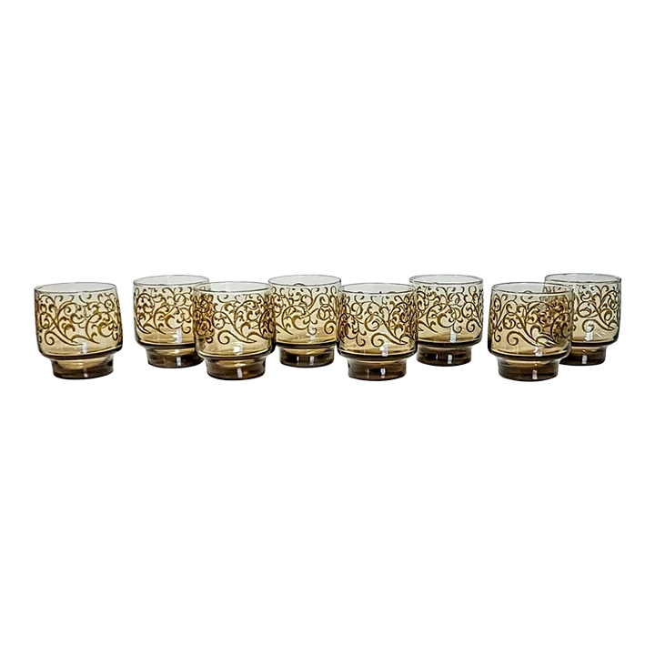 Vintage 1970s Tawny Paisley Accent Lowball Glasses -Set Of 8 3 Vintage 1970s Tawny Paisley Accent Lowball Glasses -Set Of 8