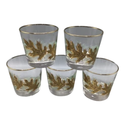 Vintage Libbey Gold Oak Leaf/Gold Rim Low Ball Glasses Whiskey Glasses-Set Of 5