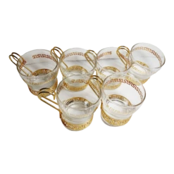Vintage Mid Century Continental Glass Greek Key 22 Kt Gold Design- Set Of 6