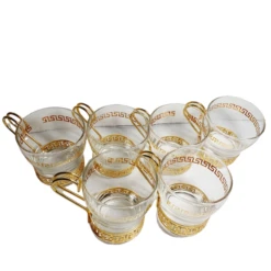 Vintage Mid Century Continental Glass Greek Key 22 Kt Gold Design- Set Of 6 -Libbey Shop vintage mid century continental glass greek key 22 kt gold design set of 6 5464