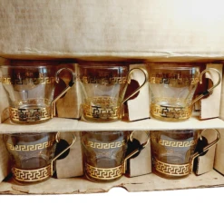 Vintage Mid Century Continental Glass Greek Key 22 Kt Gold Design- Set Of 6 -Libbey Shop vintage mid century continental glass greek key 22 kt gold design set of 6 7957