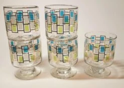 Libbey Shop -Libbey Shop vintage mid century green and blue gold trimmed goblets set of 5 4601