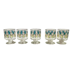Vintage Mid Century Green And Blue Gold Trimmed Goblets - Set Of 5